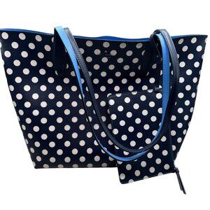 Kate‎ Spade Blue and White Polka Dot tote w/ Matching Pouch 18" Across 13" Tall